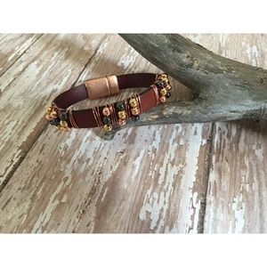 Brown Leather Bracelet Wrapped with Copper Wire and Mixed Metal Beads